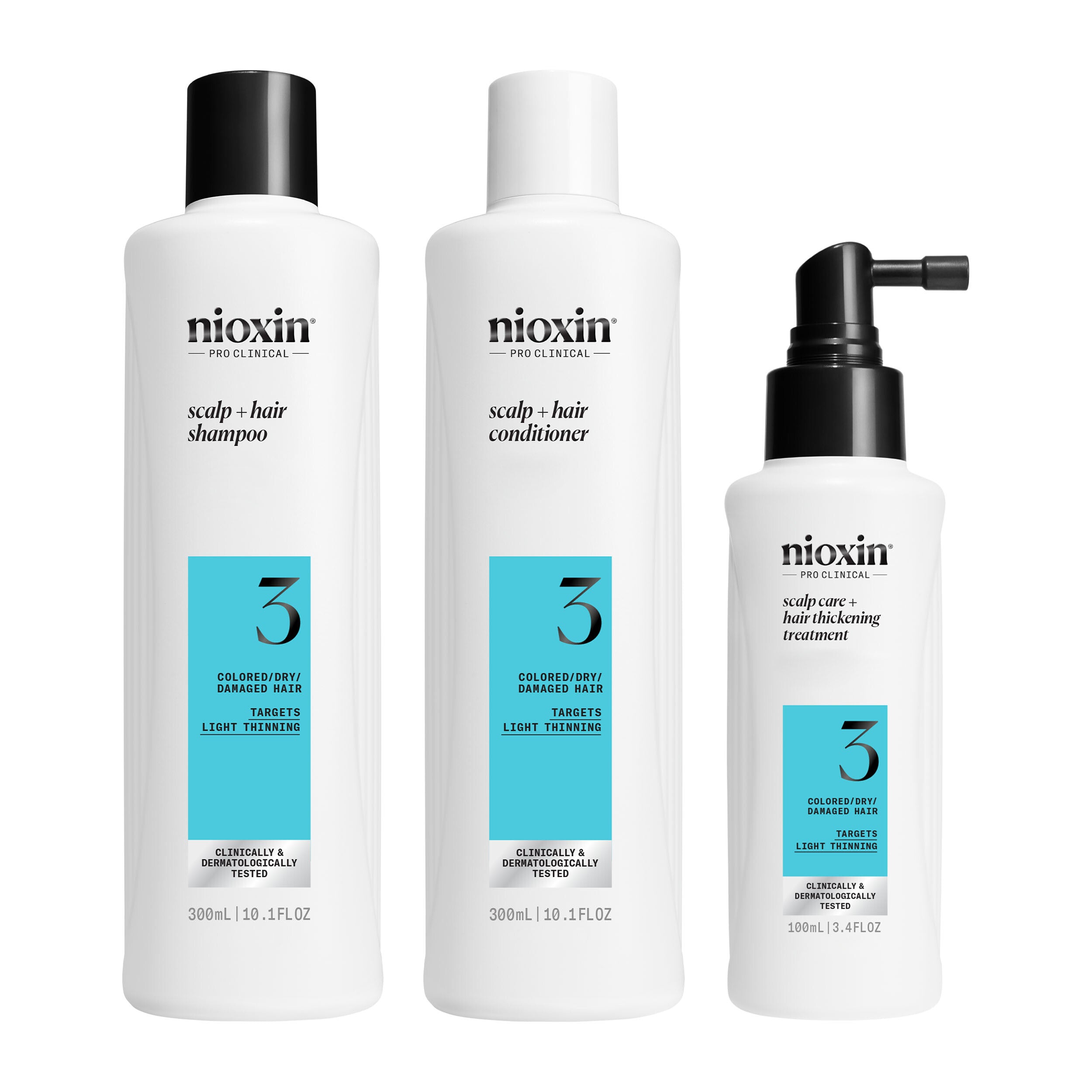 Nioxin Scalp + Hair Thickening System 3 for Coloured, dry and damaged hair Treated Hair with Light Thinning, Trial Kit